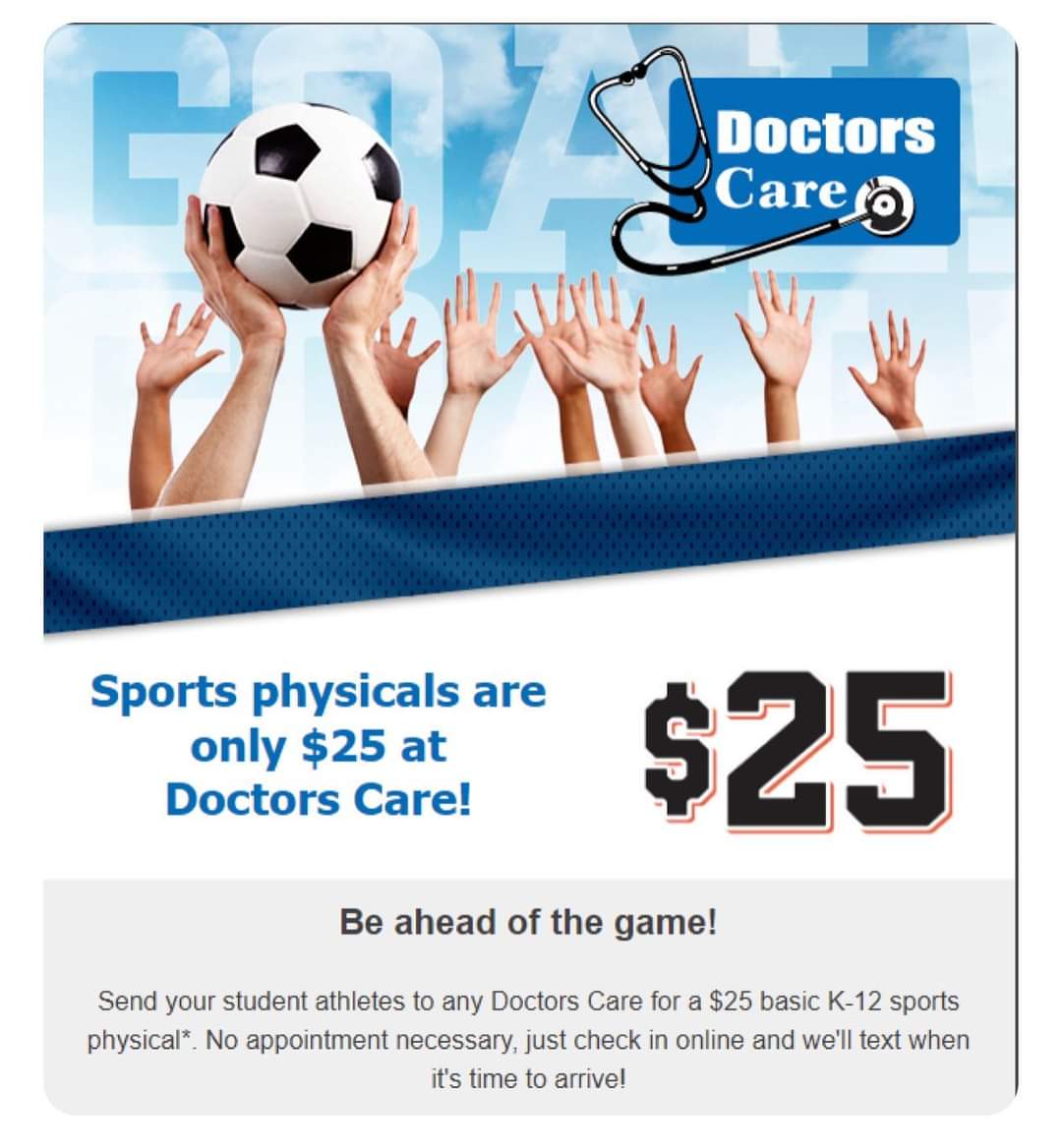 sports physical flyer, picture of hands and soccer ball